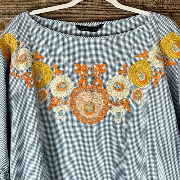 Zara Woman White Blue Gingham Check Print Floral Embroidered Tunic Top SZ Medium - Picture 2 of 11